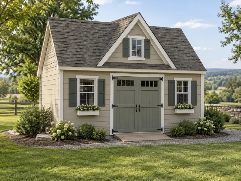 Concept rendering of a Cape Cod style garden shed with a front dormer, shutters, and window boxes