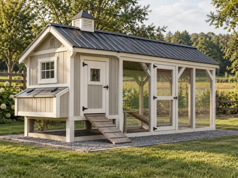 Concept rendering of a chicken coop with a metal roof, nesting box, cupola, and attached wire run