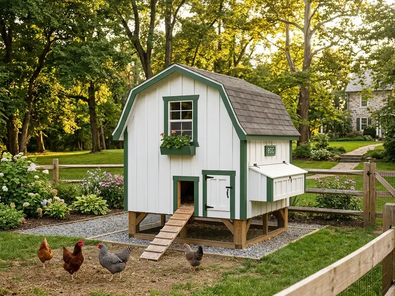 Concept rendering of a small white barn-style chicken coop on legs with a ramp and side nesting box