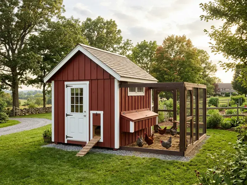 Concept rendering of a red walk-in chicken coop with a people door, nesting boxes, and a fenced run