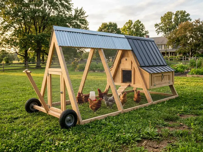 Concept rendering of a mobile A-frame chicken tractor with wheels and a wire run on a lawn