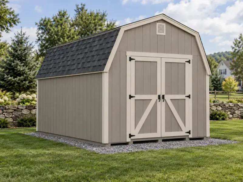 Concept rendering of a Dutch barn shed with a gambrel roof and large double doors