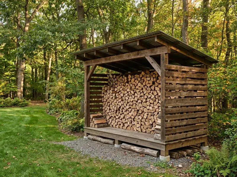 Concept rendering of an open-front firewood shed with slatted sides filled with stacked split wood