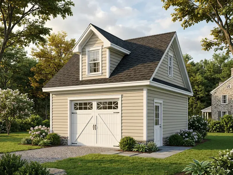 Concept rendering of a detached garage with a steep roof, front dormer, and carriage-style door