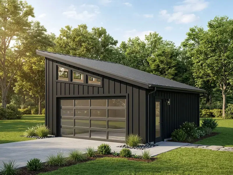 Concept rendering of a modern black board-and-batten garage with a glass-paneled overhead door