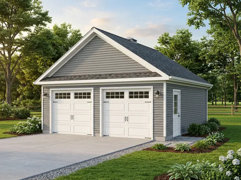 Concept rendering of a detached two-car garage with two white overhead doors and gray siding