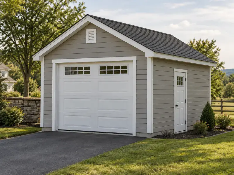 Concept rendering of a detached garage with a white overhead door and side entry door