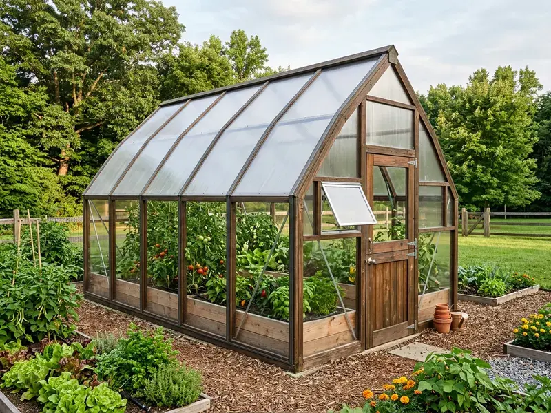 Concept rendering of an arched wood-frame greenhouse covered in polycarbonate with vegetable beds inside