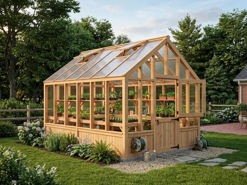 Concept rendering of a cedar wood-frame greenhouse with polycarbonate panels and roof vents
