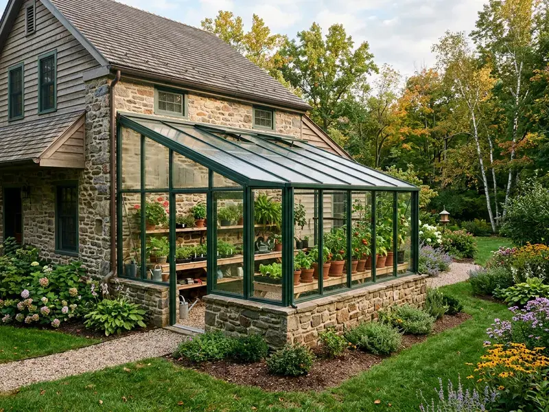 Concept rendering of a lean-to greenhouse with a single-slope glass roof attached to a stone house wall