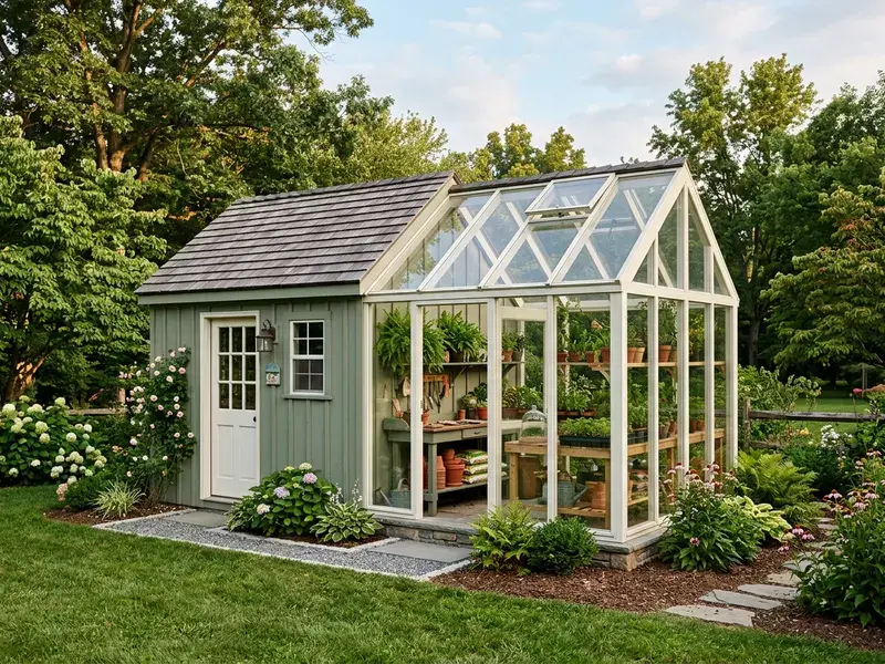 Concept rendering of a combination structure with a wood potting shed on one side and a glass greenhouse on the other