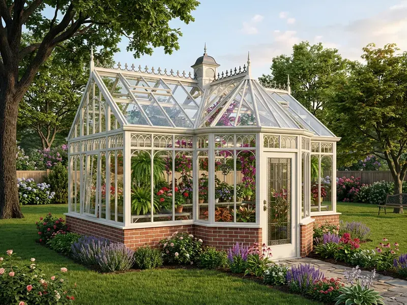 Concept rendering of a white Victorian-style greenhouse with an octagonal end, roof cresting, and a brick base