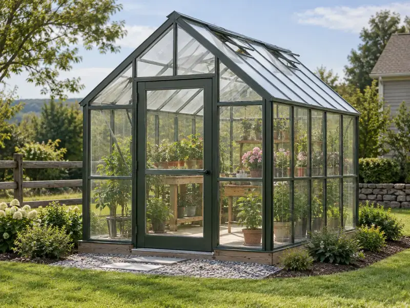 Concept rendering of a dark green framed greenhouse with glass panels and plants inside