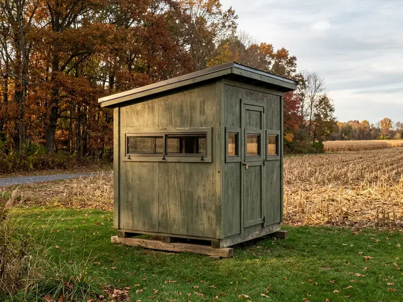Concept rendering of a ground-level box hunting blind on skids at the edge of a field