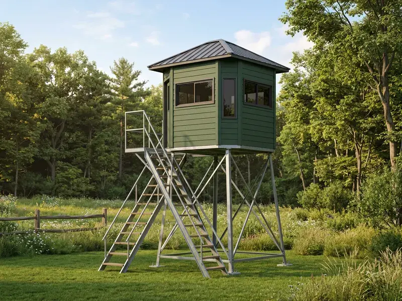 Concept rendering of an enclosed hunting blind on a tall steel tower with a staircase