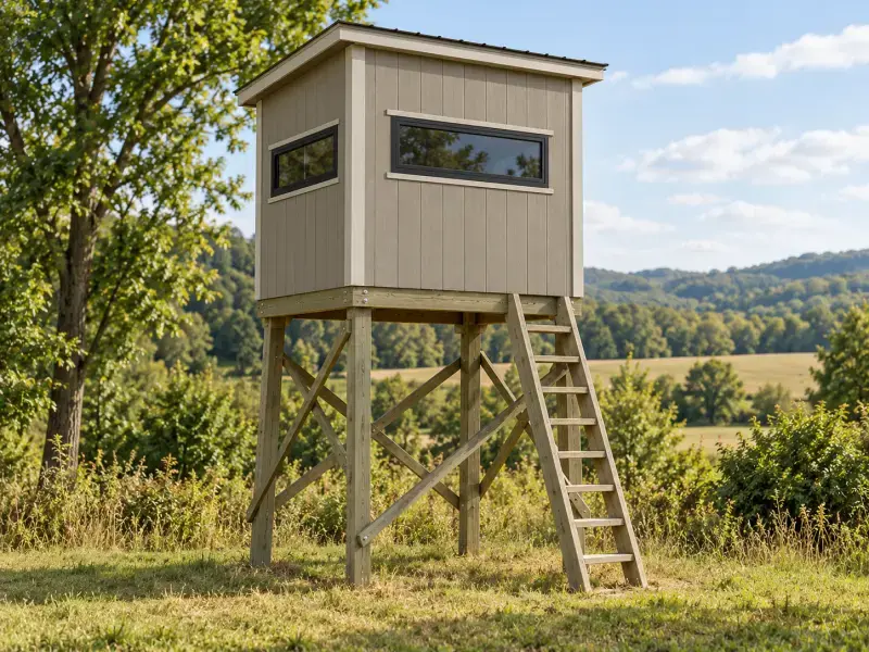 Concept rendering of an elevated wooden hunting blind on legs with a ladder and horizontal windows