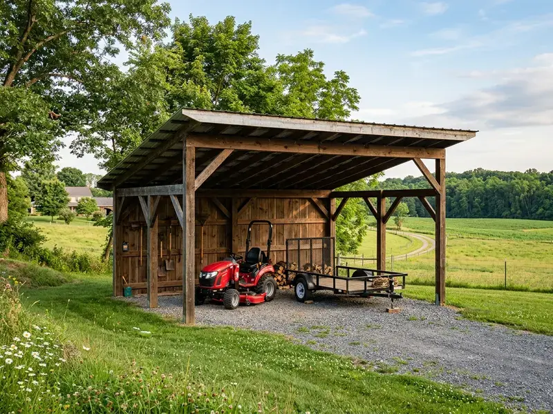 Concept rendering of an open-front equipment lean-to covering a compact tractor and a utility trailer