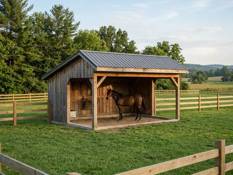 Concept rendering of a wooden run-in shelter in a fenced pasture with a horse inside