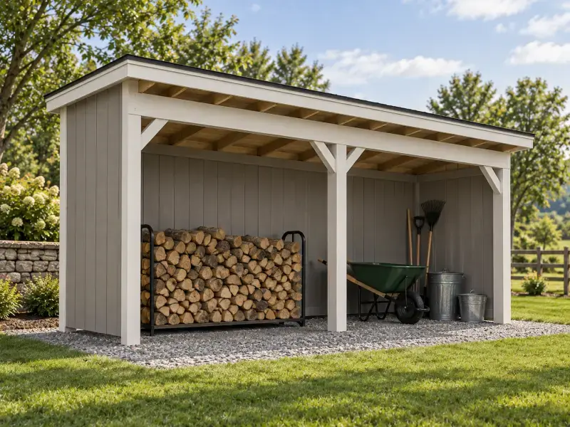 Concept rendering of an open-front lean-to shelter holding stacked firewood and a wheelbarrow