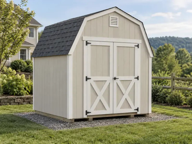 Concept rendering of a small barn-style shed with a gambrel roof and white X-pattern double doors