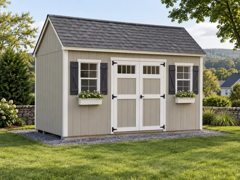 Concept rendering of a gray peak-style shed with a peaked shingle roof, double doors, and shuttered windows