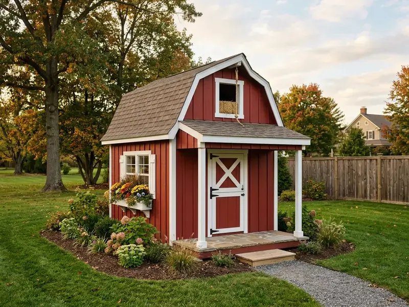 Concept rendering of a little red barn playhouse with a Dutch door, loft window, and small porch