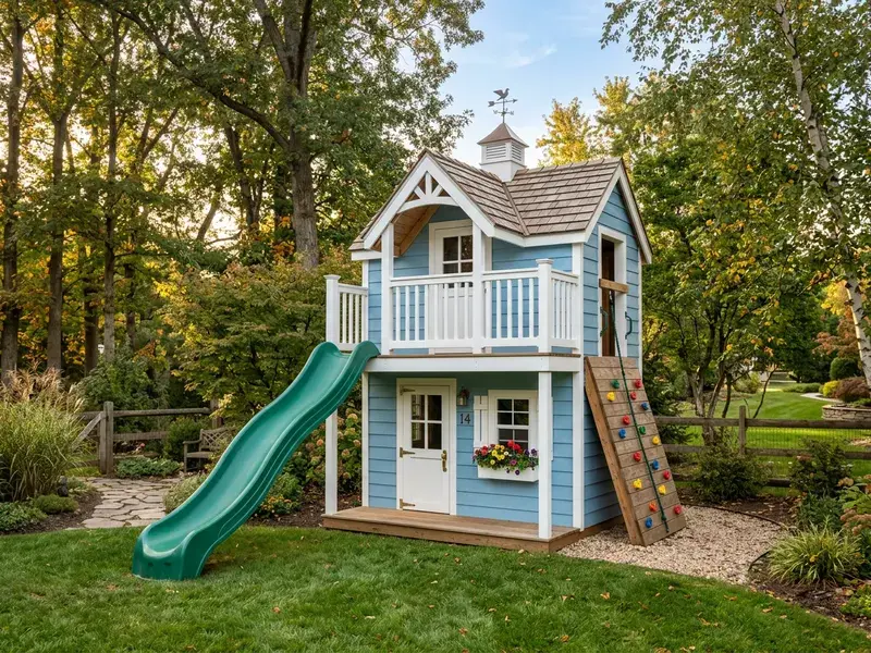 Concept rendering of a two-level kids' playhouse with a balcony, slide, and climbing wall