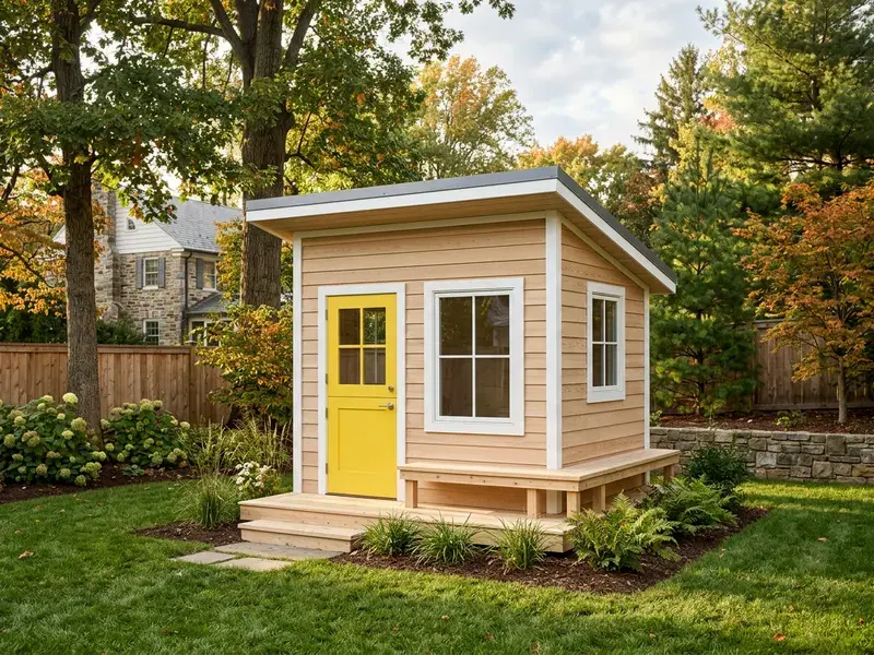 Concept rendering of a modern kids' playhouse with a single-slope roof, big windows, and a yellow door