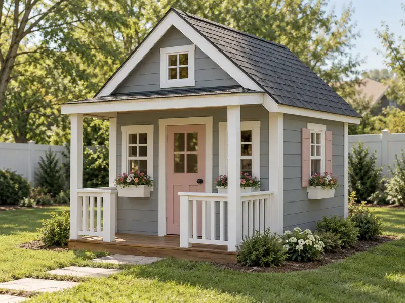 Concept rendering of a small cottage playhouse with a covered front porch, railings, and a pink door