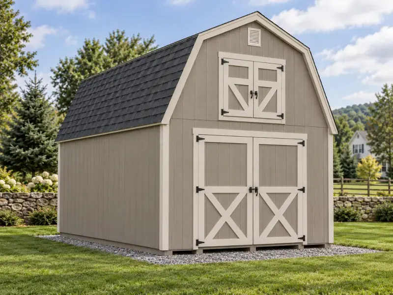 Concept rendering of a tall two-story barn with a gambrel roof, loft doors, and large double doors