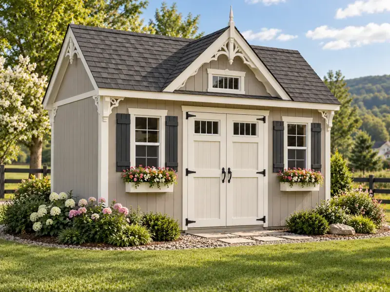 Concept rendering of a Victorian-style shed with ornate gable trim, shutters, and flower boxes